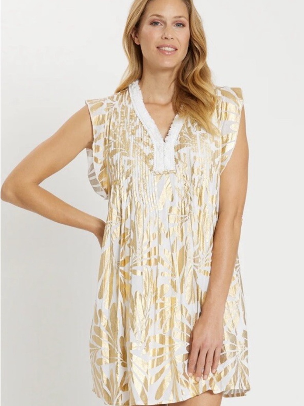 Jude Connally White and Gold Printed Midi Dress